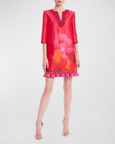 Badgley Mischka Jewel-Embellished Tasseled Tunic Mini Dress - Red