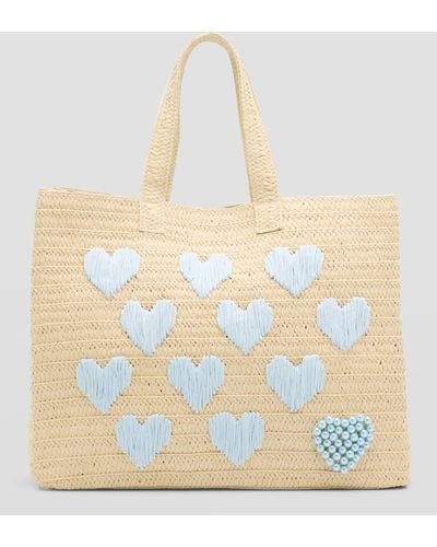 BTB Los Angeles Be Mine Embroidered Straw Tote Bag - Blue