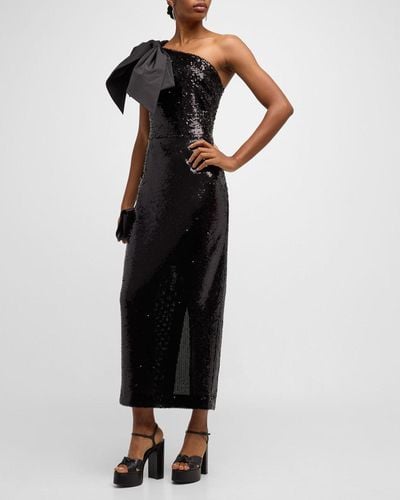 Veronica Beard Bader Sequin One-Shoulder Bow Midi Dress - Black
