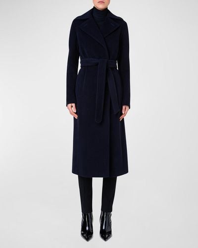 Akris Punto Belted Wool-Cashmere Long Coat - Blue