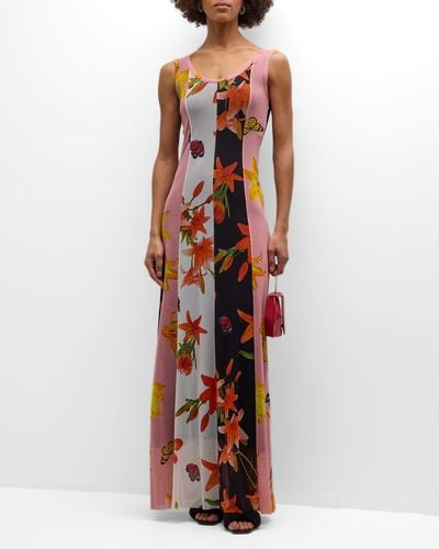 Fuzzi Colorblock Floral-Print Tulle Maxi Dress - Red