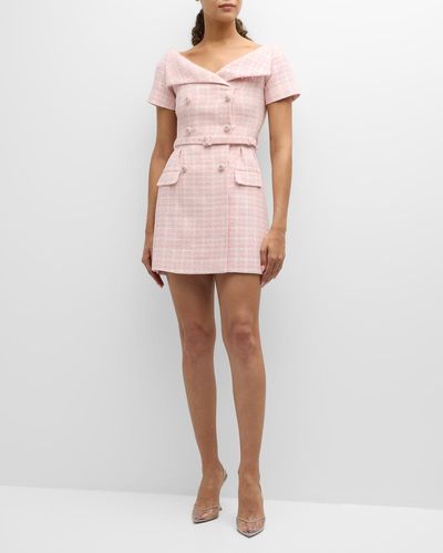 Self-Portrait Boucle Belted Off-Shoulder Mini Dress - Pink