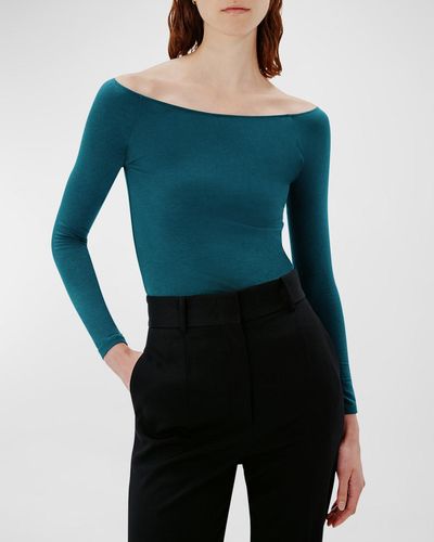Another Tomorrow Leotard Off-Shoulder Cotton Top - Blue