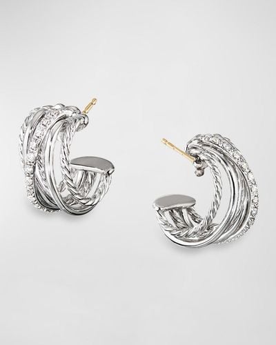David Yurman Dy Crossover Huggie Hoop Earrings W/ Diamonds - Metallic