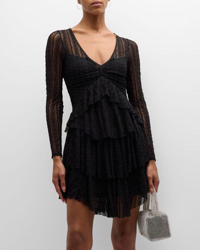 LoveShackFancy Yana Tiered Ruffle Lace Mini Dress - Black