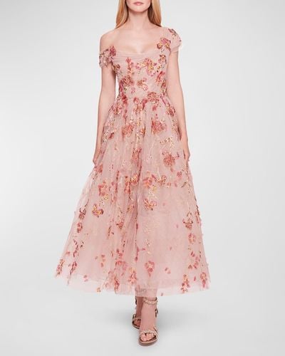 Marchesa Off-Shoulder Floral Applique Dress - Pink