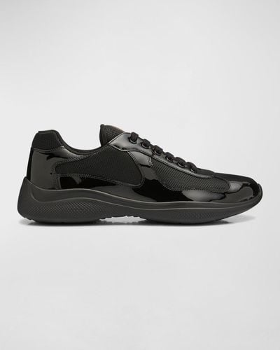 Prada America's Cup Original Leather And Mesh Sneakers - Black