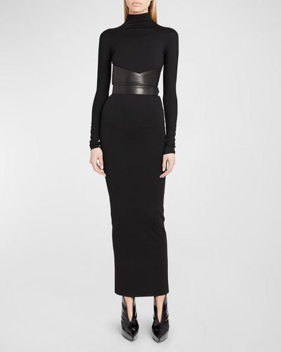 Alaïa Turtleneck Maxi Dress With Wrap Leather Belt - Black