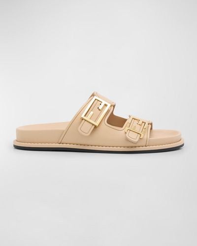 Fendi F Buckle Leather Slide Sandals - White