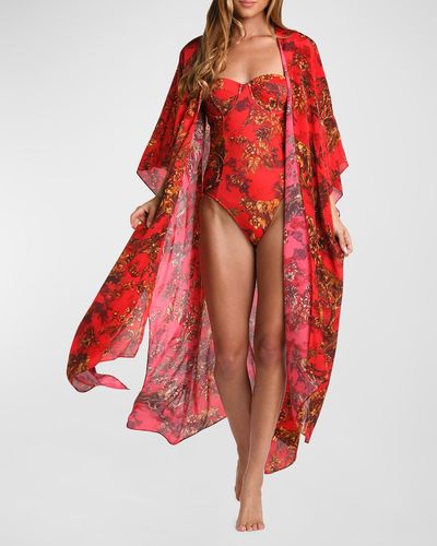 L'Agence Kara Jungle Maxi Kimono Coverup - Red