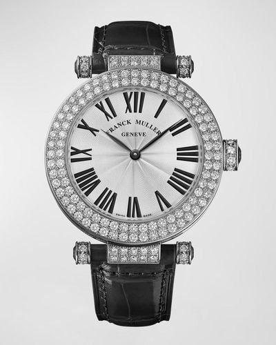 Franck Muller 20mm Round 18k White Gold 2-row Diamond Watch With Alligator Strap - Gray