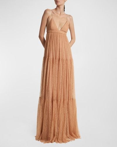 Michael Kors Empire-Waist Tiered Chantilly Lace Bra Gown - Brown