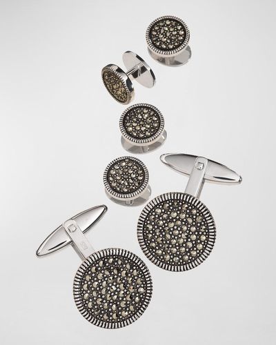 Jan Leslie Round Marcasite Cuff Link And Stud Set - White