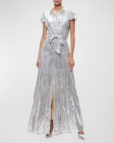 Alice + Olivia Miranda Short-Sleeve Sequined Maxi Dress - White