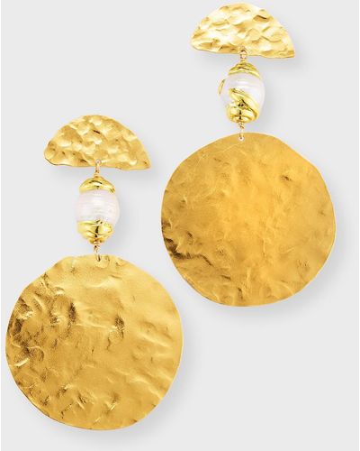 Devon Leigh Gold Medallion Pearl Post Earrings - Yellow
