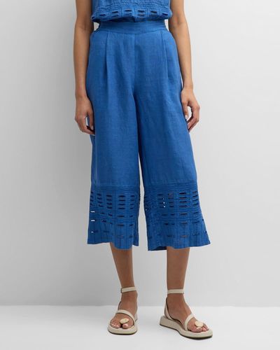 120% Lino Cropped Wide-Leg Embroidered Linen Pants - Blue