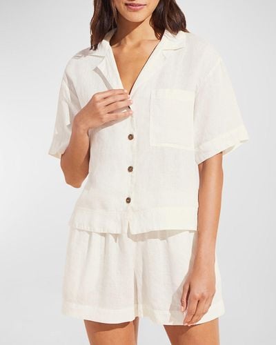 Eberjey Garment-Dyed Short Linen Pajama Set - White