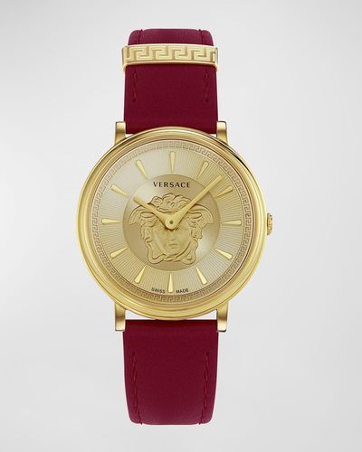 Versace 38Mm V-Circle Medusa Watch With Leather Strap - Red