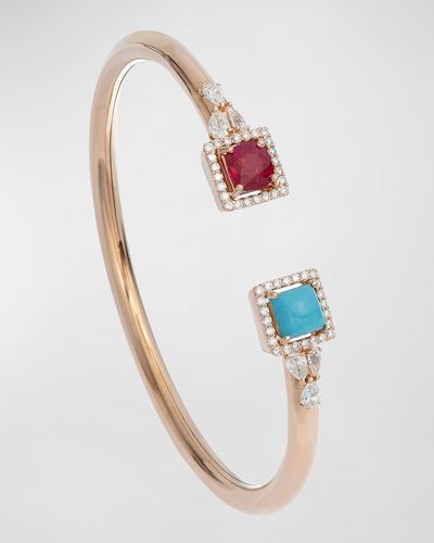 Krisonia 18k Yellow Gold Cuff With Ruby, Turquoise And Diamonds - Blue