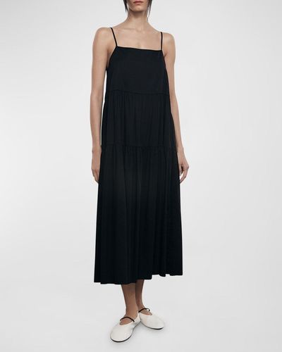 Enza Costa Cotton Strappy Tiered Midi Dress - Black