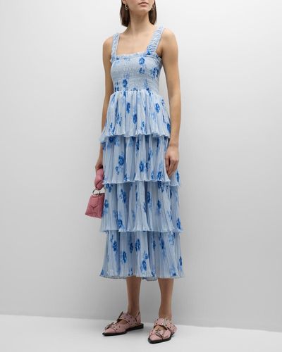 Ganni Floral Pleated Georgette Midi Dress - Blue