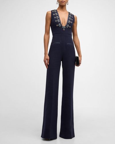 Etro Sleeveless Beaded Bootcut-Leg Wool Crepe Jumpsuit - Blue