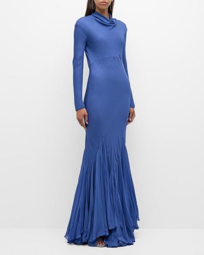 Khaite Metin Cowl-Neck Long-Sleeve Pleated Mermaid Gown - Blue