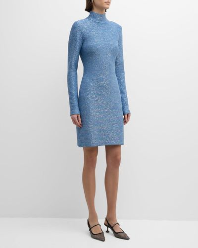 St. John Turtleneck Long-sleeve Cutout Paillette Knit Mini Dress - Blue