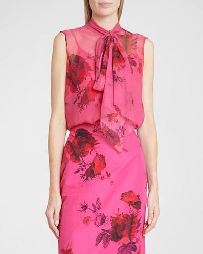 Erdem Floral-Print Tie-Neck Sleeveless Silk Top - Pink