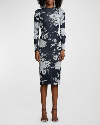 Ralph Lauren Collection Floral Silk-Blend Jacquard Sweater Day Dress With Detachable Collar & Cuffs - Blue