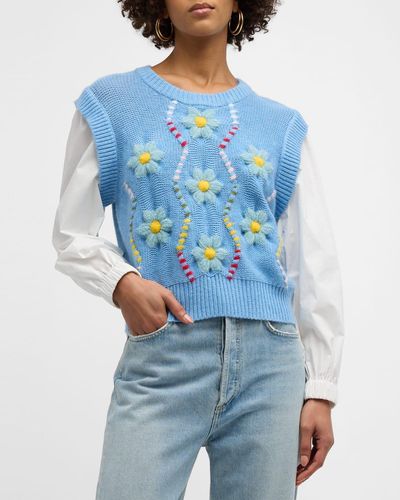 Rails Tess Floral-embroidered Sweater Vest - Blue