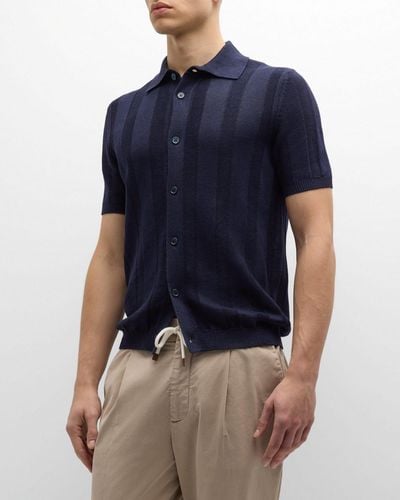 Brunello Cucinelli Linen-Cotton Knit Short-Sleeve Sweater - Blue