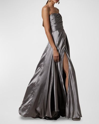 Ralph Lauren Collection Lean Metallic Draped Strapless Slit Gown - White