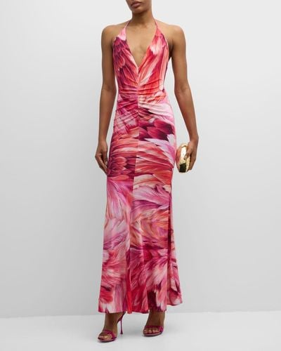 Roberto Cavalli Feather-Print Ruched Plunging Halter Gown - Red