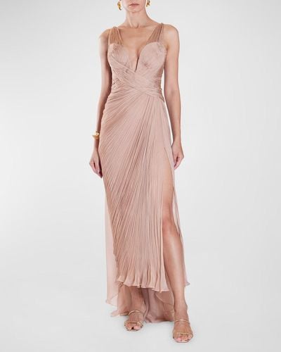 Maria Lucia Hohan Adelie Plunging Draped Plisse Slit Gown - Pink