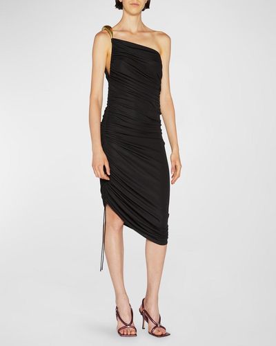 Bottega Veneta One-Shoulder Asymmetric Midi Dress With-Tone Detail - Black