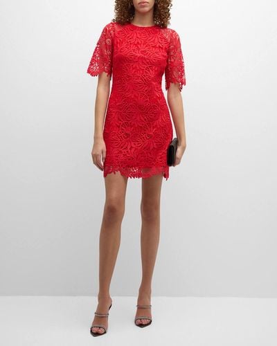 Shoshanna Taryn Elbow-Sleeve A-Line Lace Mini Dress - Red