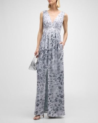 St. John Painted Leopard-Print Sleeveless Gathered Gown - Gray