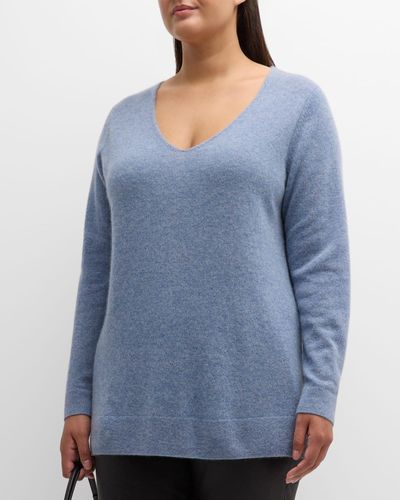 Neiman Marcus Plus Size Cashmere V-Neck Sweater - Blue