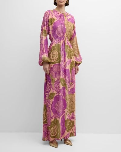 St. John California Poppies-Print Long-Sleeve Metallic Fils Coupes Maxi Dress - Pink