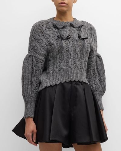 Simone Rocha Bow Puff-Sleeve Lace-Stitch Chunky Knit Crop Sweater - Gray