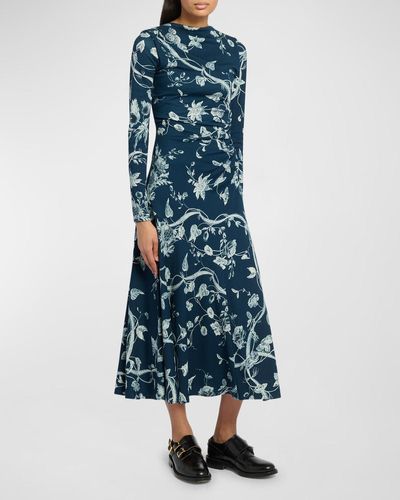 Erdem Floral-print Long-sleeve Drawstring Ruched Midi Dress - Blue