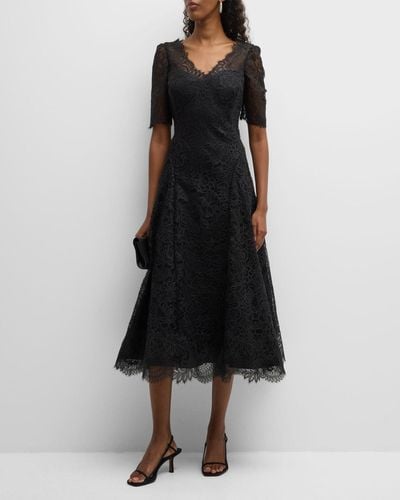 Teri Jon A-Line Scalloped Lace Midi Dress - Black