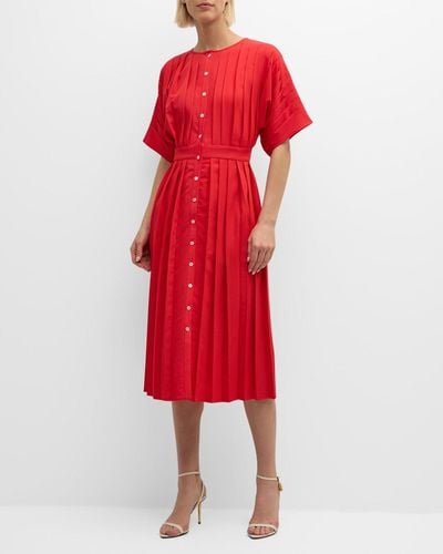 Misook Pleated Button-Down Midi Dress - Red