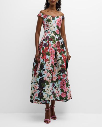 Oscar de la Renta Hollyhocks Floral-Print Off-The-Shoulder Faille Tea-Length Dress - White