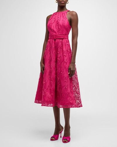 Badgley Mischka Sleeveless Belted Halter Lace Midi Dress - Pink