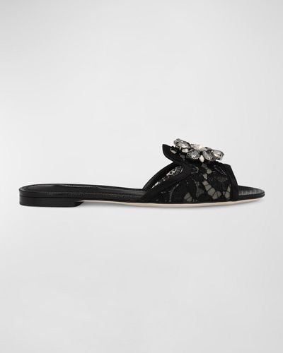 Dolce & Gabbana Lace Crystal Ornament Slide Sandals - Brown