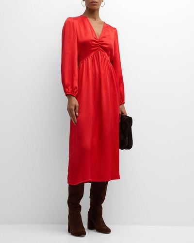 Xirena Eloise Ruched Blouson-Sleeve Empire Midi Dress - Red