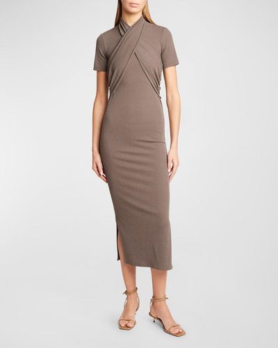 Nanushka Knit Draped-Front Fitted Midi Dress - Brown
