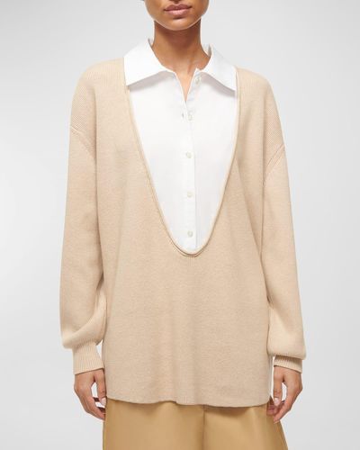STAUD Pietro Cotton Cashmere Combo Sweater - Natural